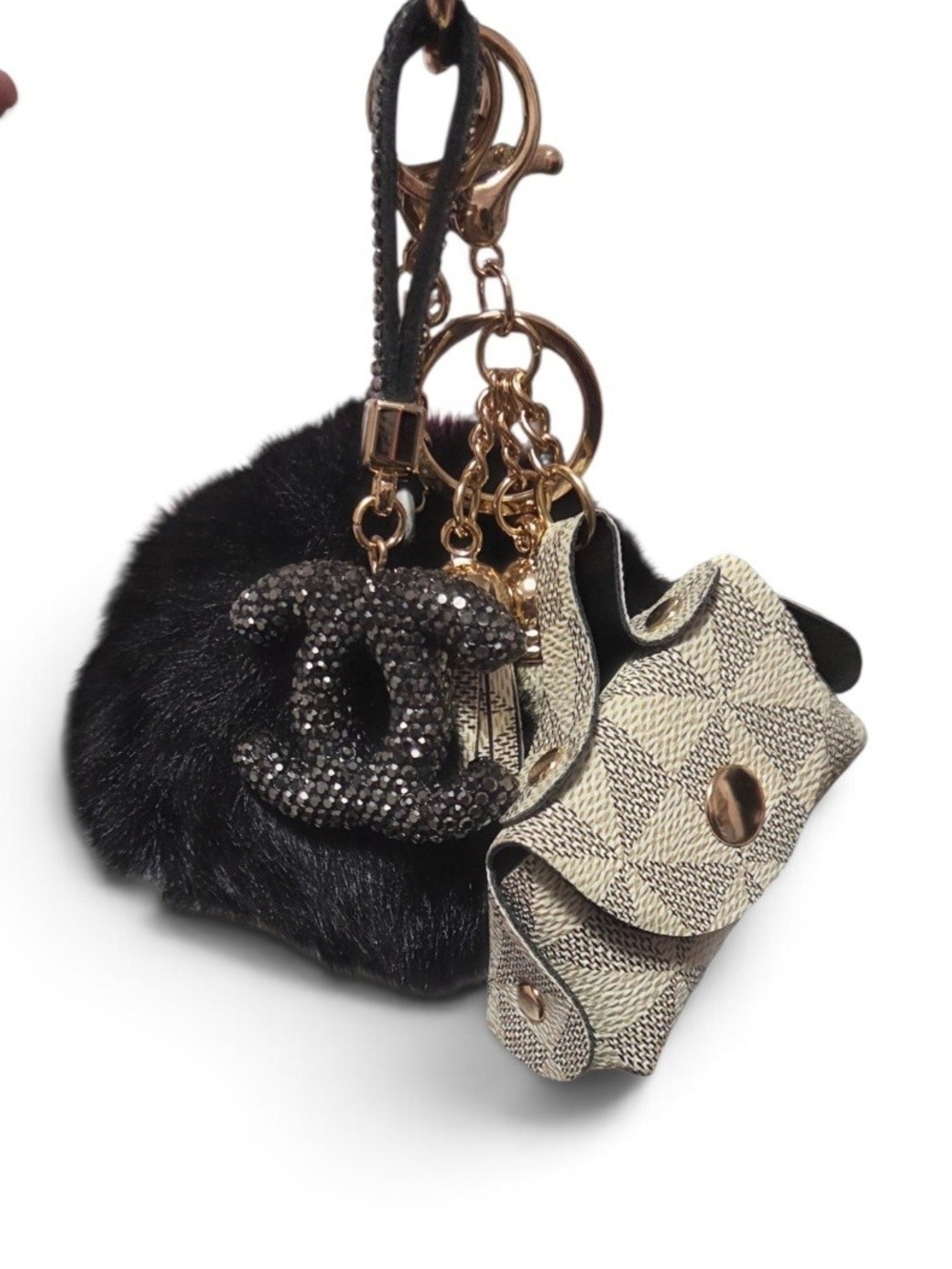 Designer-Inspired Black Fur and Crystal Logo/ Bag Keychain Charm